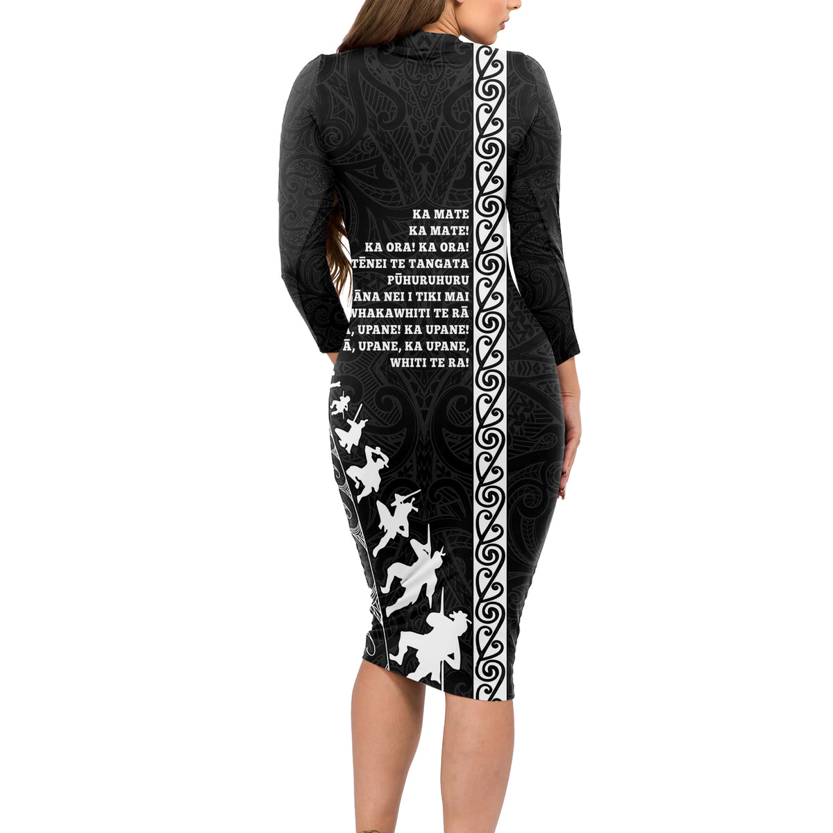 New Zealand Rugby Long Sleeve Bodycon Dress Haka Dance Tribal God Mask Maori Pattern LT03 - Polynesian Pride