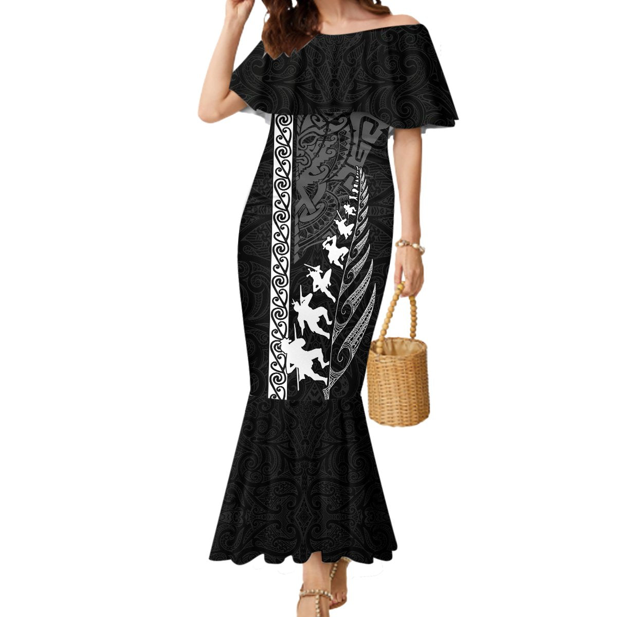 New Zealand Rugby Mermaid Dress Haka Dance Tribal God Mask Maori Pattern LT03 Women Black - Polynesian Pride