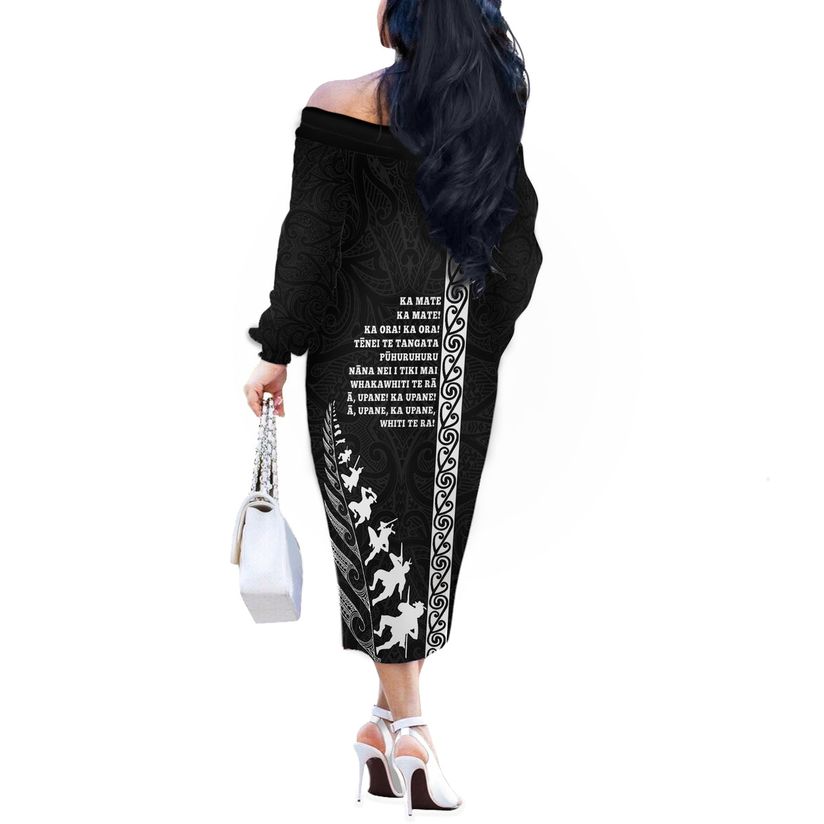 New Zealand Rugby Off The Shoulder Long Sleeve Dress Haka Dance Tribal God Mask Maori Pattern LT03 - Polynesian Pride