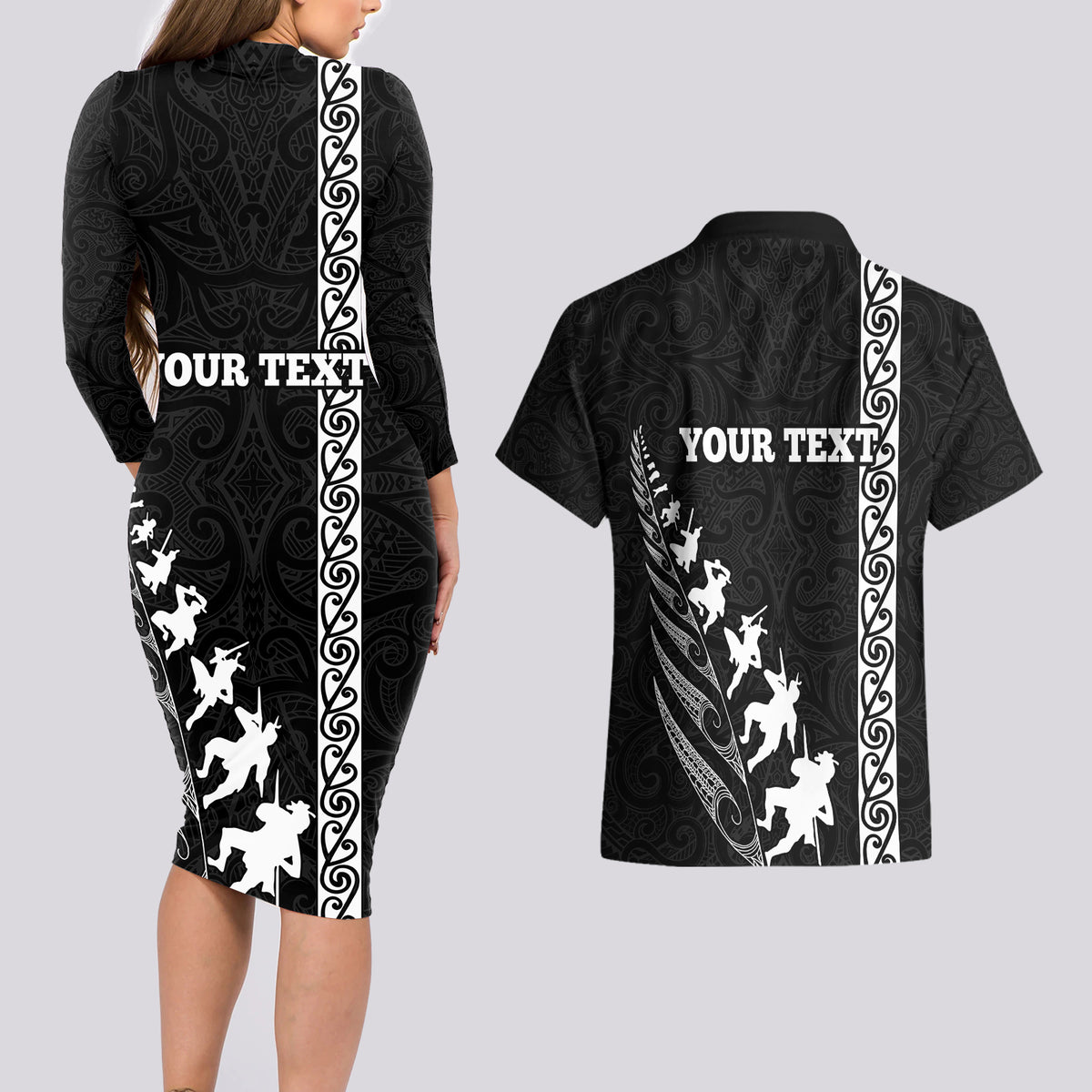 Custom New Zealand Rugby Couples Matching Long Sleeve Bodycon Dress and Hawaiian Shirt Haka Dance Tribal God Mask Maori Pattern LT03 - Polynesian Pride