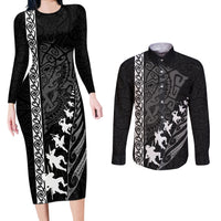 Custom New Zealand Rugby Couples Matching Long Sleeve Bodycon Dress and Long Sleeve Button Shirts Haka Dance Tribal God Mask Maori Pattern LT03 Black - Polynesian Pride