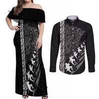 Custom New Zealand Rugby Couples Matching Off Shoulder Maxi Dress and Long Sleeve Button Shirts Haka Dance Tribal God Mask Maori Pattern LT03 Black - Polynesian Pride