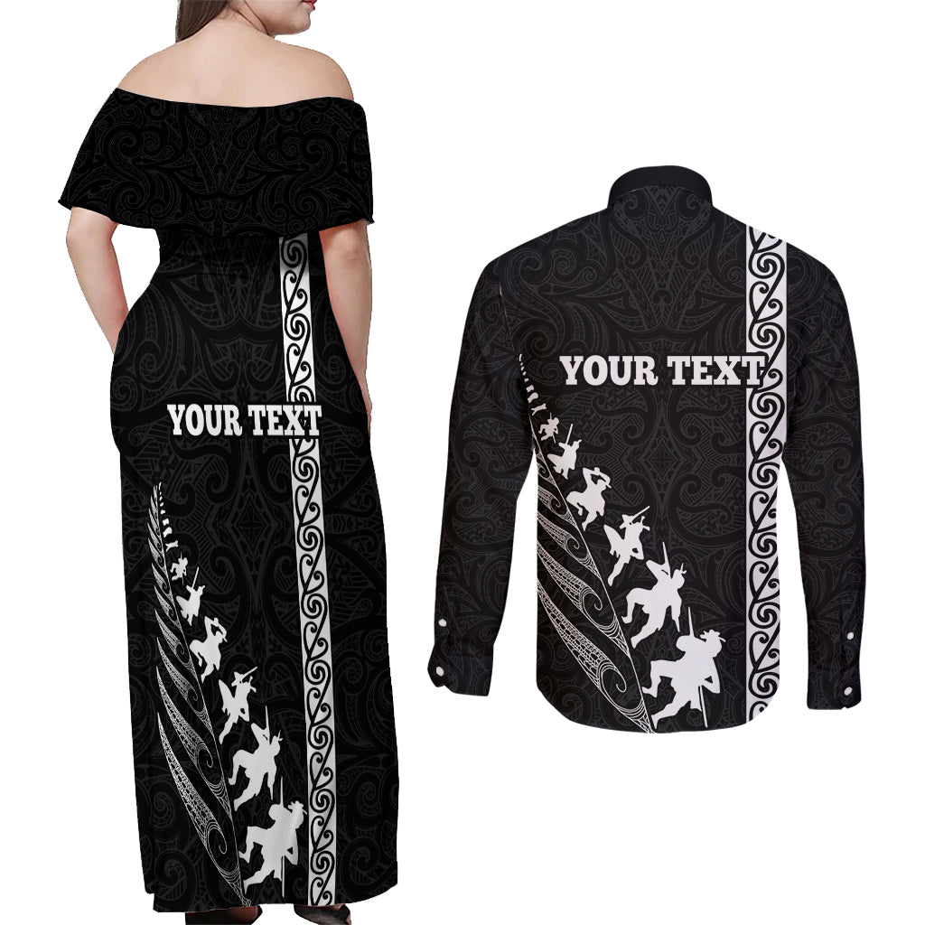 Custom New Zealand Rugby Couples Matching Off Shoulder Maxi Dress and Long Sleeve Button Shirts Haka Dance Tribal God Mask Maori Pattern LT03 - Polynesian Pride