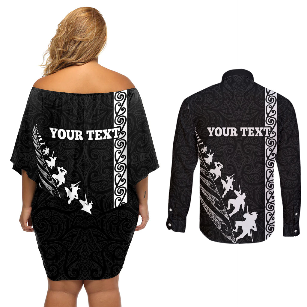 Custom New Zealand Rugby Couples Matching Off Shoulder Short Dress and Long Sleeve Button Shirts Haka Dance Tribal God Mask Maori Pattern LT03 - Polynesian Pride