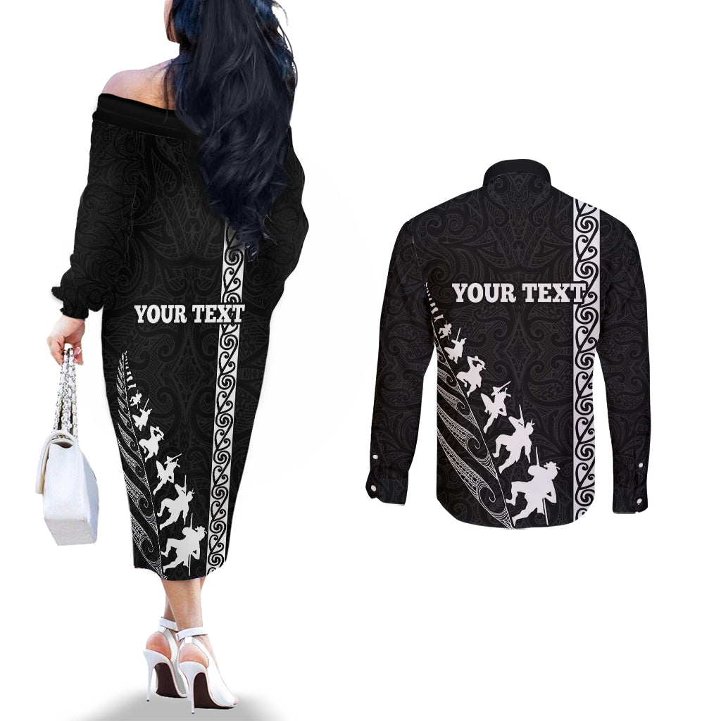 Custom New Zealand Rugby Couples Matching Off The Shoulder Long Sleeve Dress and Long Sleeve Button Shirts Haka Dance Tribal God Mask Maori Pattern LT03 - Polynesian Pride