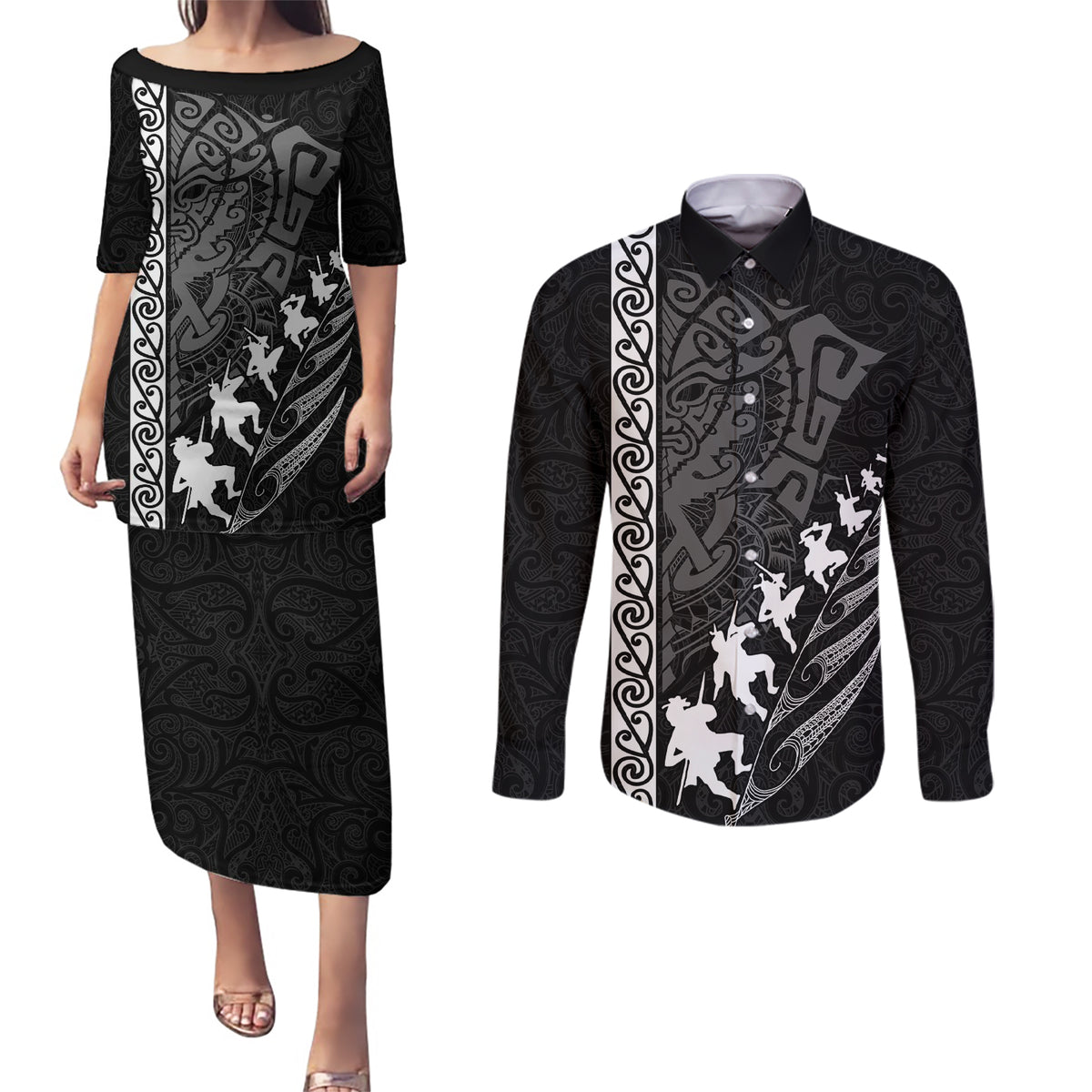 Custom New Zealand Rugby Couples Matching Puletasi Dress and Long Sleeve Button Shirts Haka Dance Tribal God Mask Maori Pattern LT03 Black - Polynesian Pride