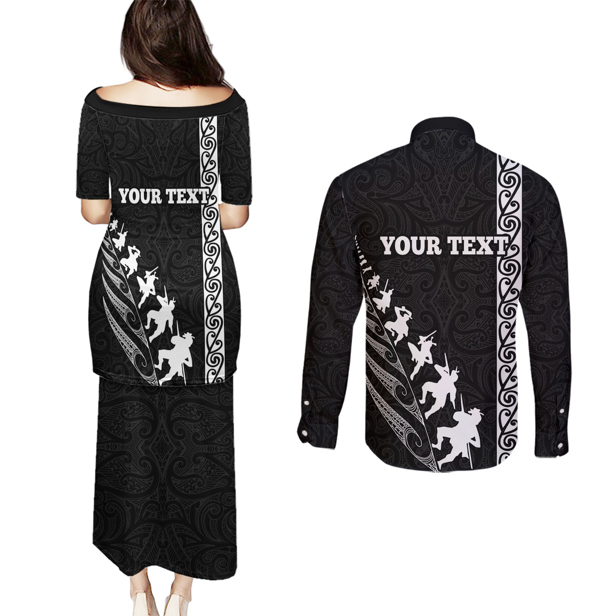 Custom New Zealand Rugby Couples Matching Puletasi Dress and Long Sleeve Button Shirts Haka Dance Tribal God Mask Maori Pattern LT03 - Polynesian Pride
