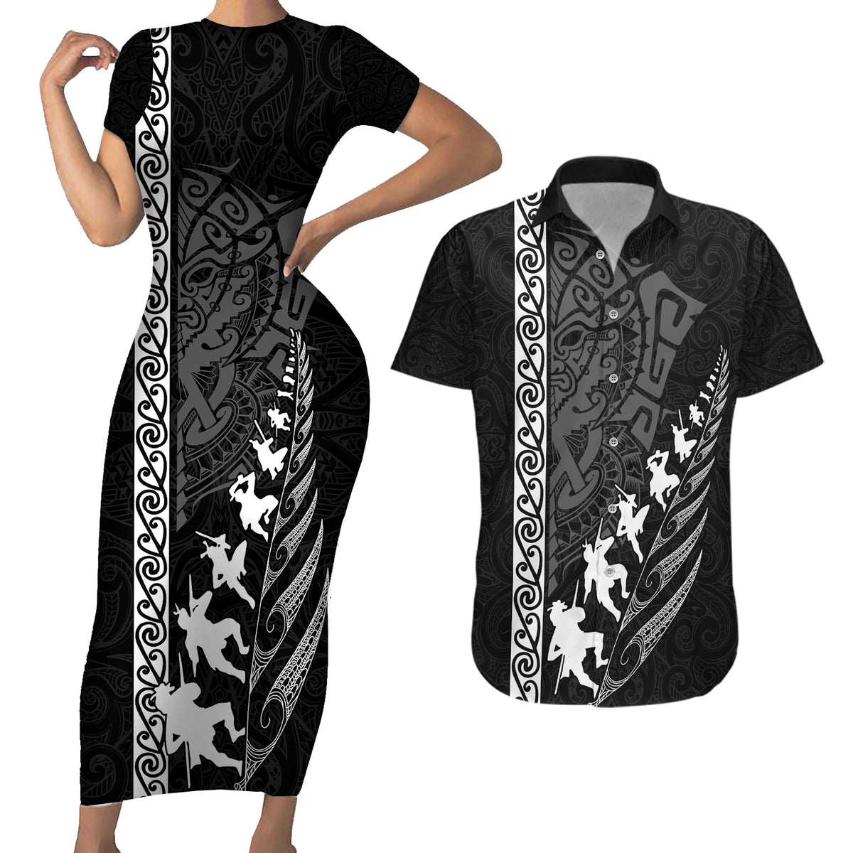 Custom New Zealand Rugby Couples Matching Short Sleeve Bodycon Dress and Hawaiian Shirt Haka Dance Tribal God Mask Maori Pattern LT03 Black - Polynesian Pride