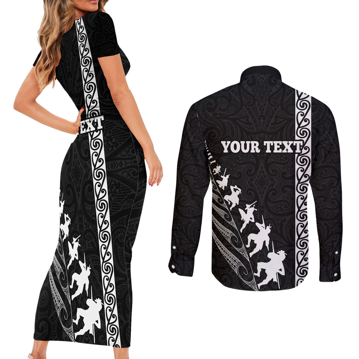 Custom New Zealand Rugby Couples Matching Short Sleeve Bodycon Dress and Long Sleeve Button Shirts Haka Dance Tribal God Mask Maori Pattern LT03 - Polynesian Pride