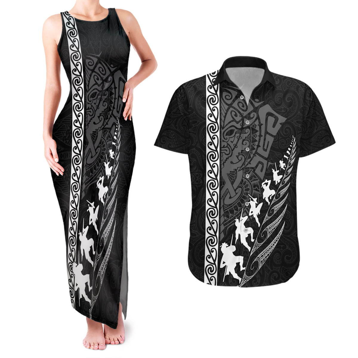Custom New Zealand Rugby Couples Matching Tank Maxi Dress and Hawaiian Shirt Haka Dance Tribal God Mask Maori Pattern LT03 Black - Polynesian Pride