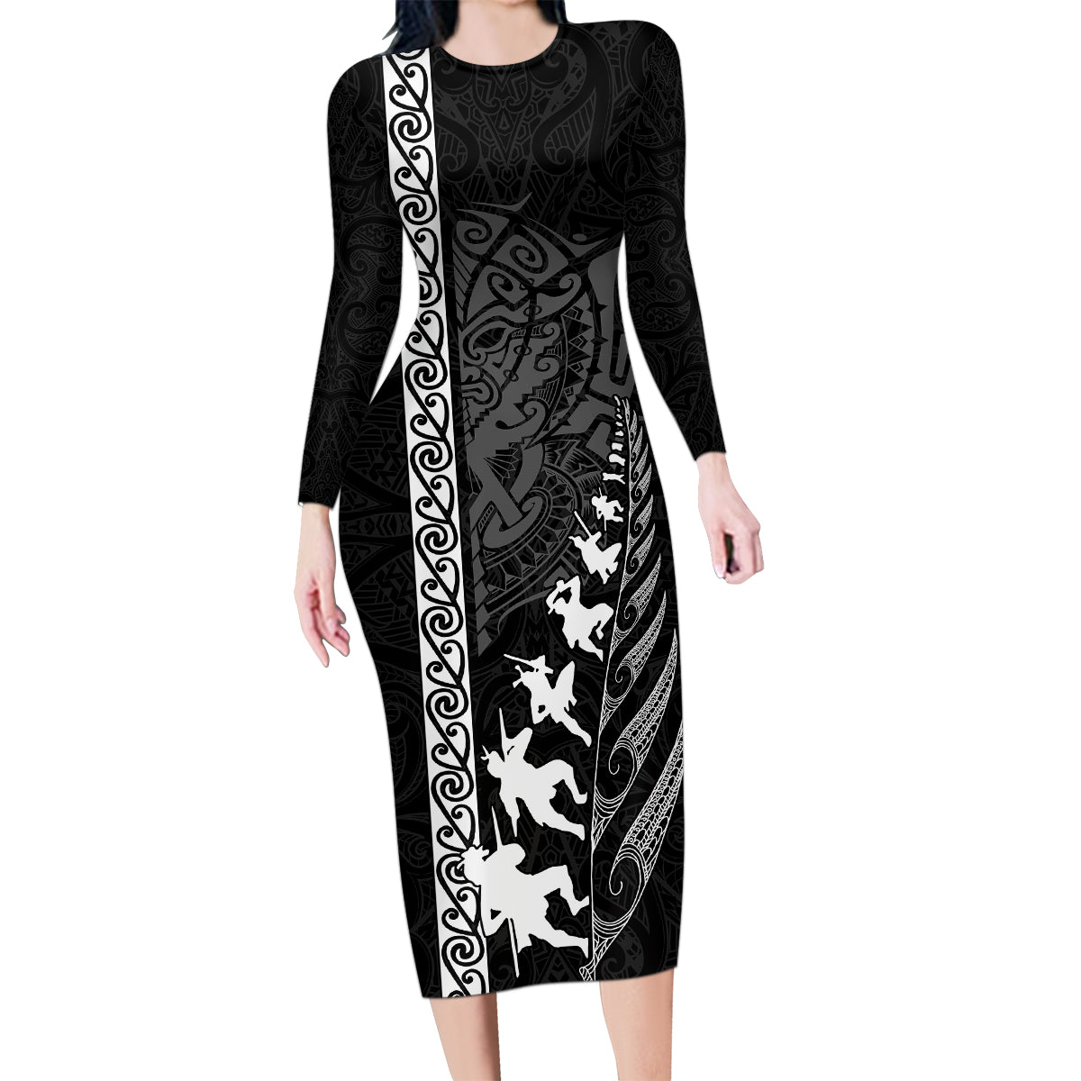 Custom New Zealand Rugby Family Matching Long Sleeve Bodycon Dress and Hawaiian Shirt Haka Dance Tribal God Mask Maori Pattern LT03 Mom's Dress Black - Polynesian Pride