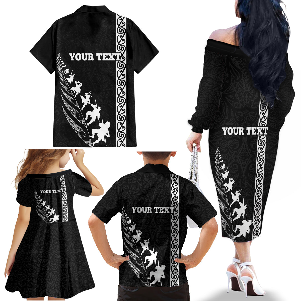 Custom New Zealand Rugby Family Matching Off Shoulder Long Sleeve Dress and Hawaiian Shirt Haka Dance Tribal God Mask Maori Pattern LT03 - Polynesian Pride