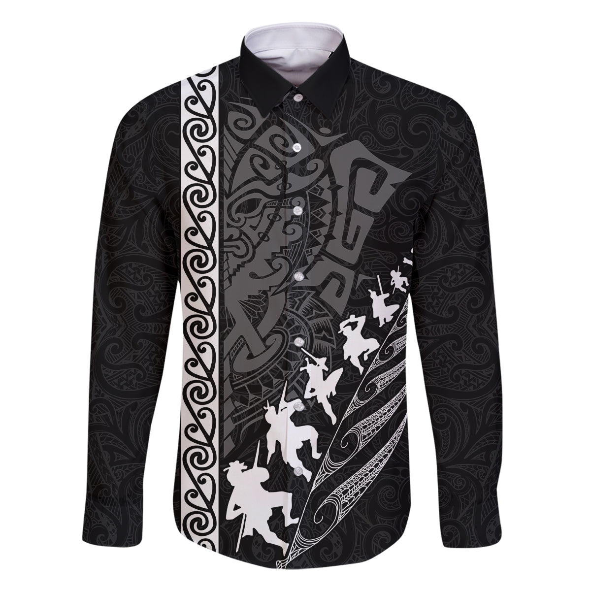 Custom New Zealand Rugby Family Matching Off Shoulder Maxi Dress and Hawaiian Shirt Haka Dance Tribal God Mask Maori Pattern LT03 Dad's Shirt - Long Sleeve Black - Polynesian Pride