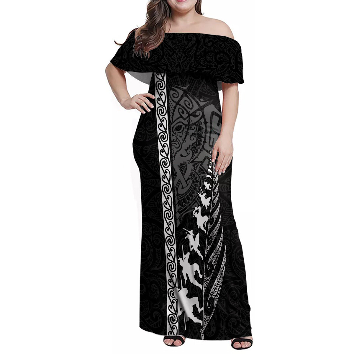 Custom New Zealand Rugby Family Matching Off Shoulder Maxi Dress and Hawaiian Shirt Haka Dance Tribal God Mask Maori Pattern LT03 Mom's Dress Black - Polynesian Pride