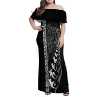 Custom New Zealand Rugby Family Matching Off Shoulder Maxi Dress and Hawaiian Shirt Haka Dance Tribal God Mask Maori Pattern LT03 Mom's Dress Black - Polynesian Pride