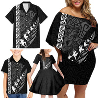 Custom New Zealand Rugby Family Matching Off Shoulder Short Dress and Hawaiian Shirt Haka Dance Tribal God Mask Maori Pattern LT03 - Polynesian Pride