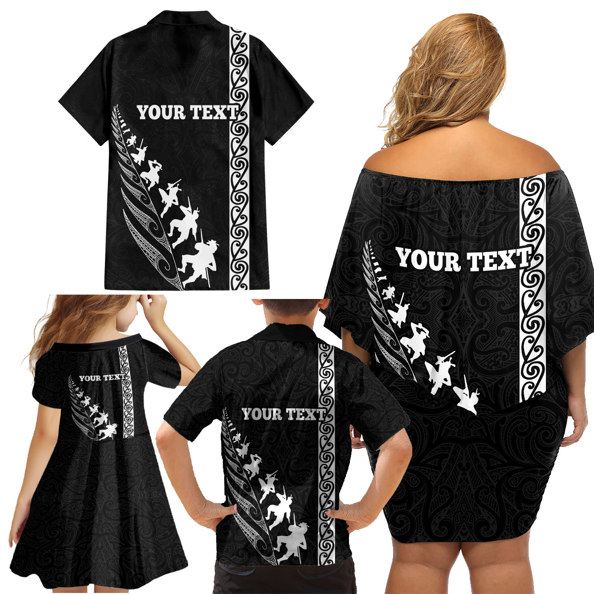 Custom New Zealand Rugby Family Matching Off Shoulder Short Dress and Hawaiian Shirt Haka Dance Tribal God Mask Maori Pattern LT03 - Polynesian Pride