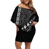 Custom New Zealand Rugby Family Matching Off Shoulder Short Dress and Hawaiian Shirt Haka Dance Tribal God Mask Maori Pattern LT03 Mom's Dress Black - Polynesian Pride