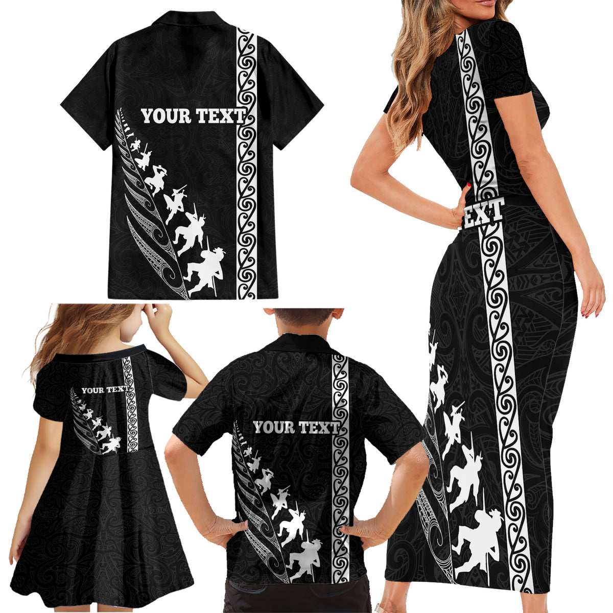 Custom New Zealand Rugby Family Matching Short Sleeve Bodycon Dress and Hawaiian Shirt Haka Dance Tribal God Mask Maori Pattern LT03 - Polynesian Pride
