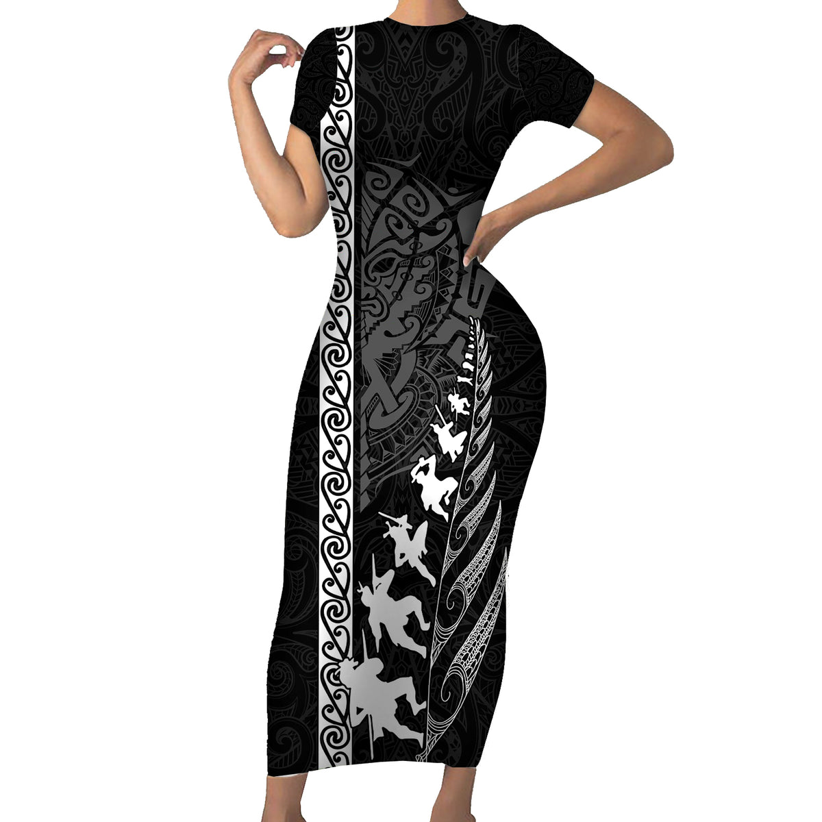 Custom New Zealand Rugby Family Matching Short Sleeve Bodycon Dress and Hawaiian Shirt Haka Dance Tribal God Mask Maori Pattern LT03 Mom's Dress Black - Polynesian Pride