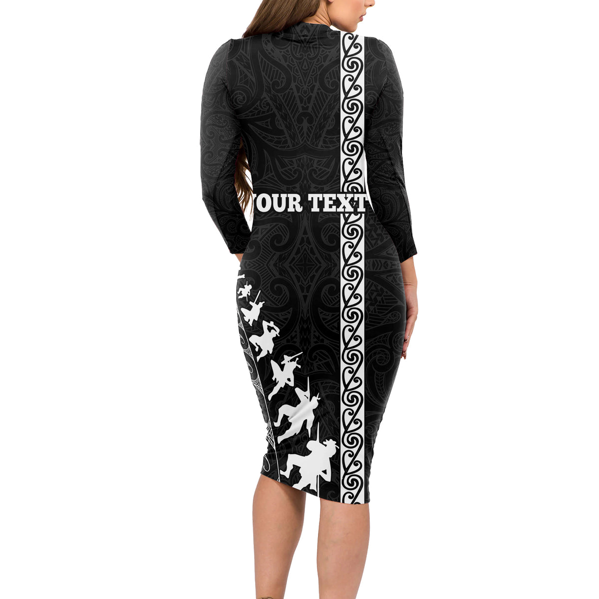 Custom New Zealand Rugby Long Sleeve Bodycon Dress Haka Dance Tribal God Mask Maori Pattern LT03 - Polynesian Pride