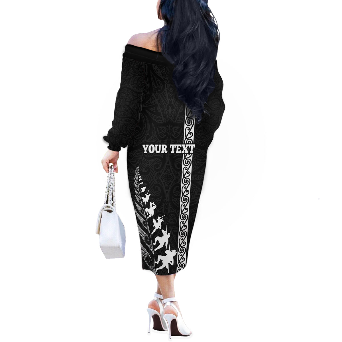 Custom New Zealand Rugby Off The Shoulder Long Sleeve Dress Haka Dance Tribal God Mask Maori Pattern LT03 - Polynesian Pride
