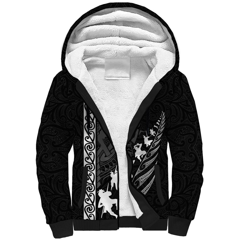 Custom New Zealand Rugby Sherpa Hoodie Haka Dance Tribal God Mask Maori Pattern LT03 Unisex Black - Polynesian Pride