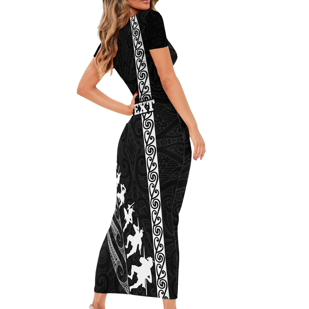 Custom New Zealand Rugby Short Sleeve Bodycon Dress Haka Dance Tribal God Mask Maori Pattern LT03 - Polynesian Pride