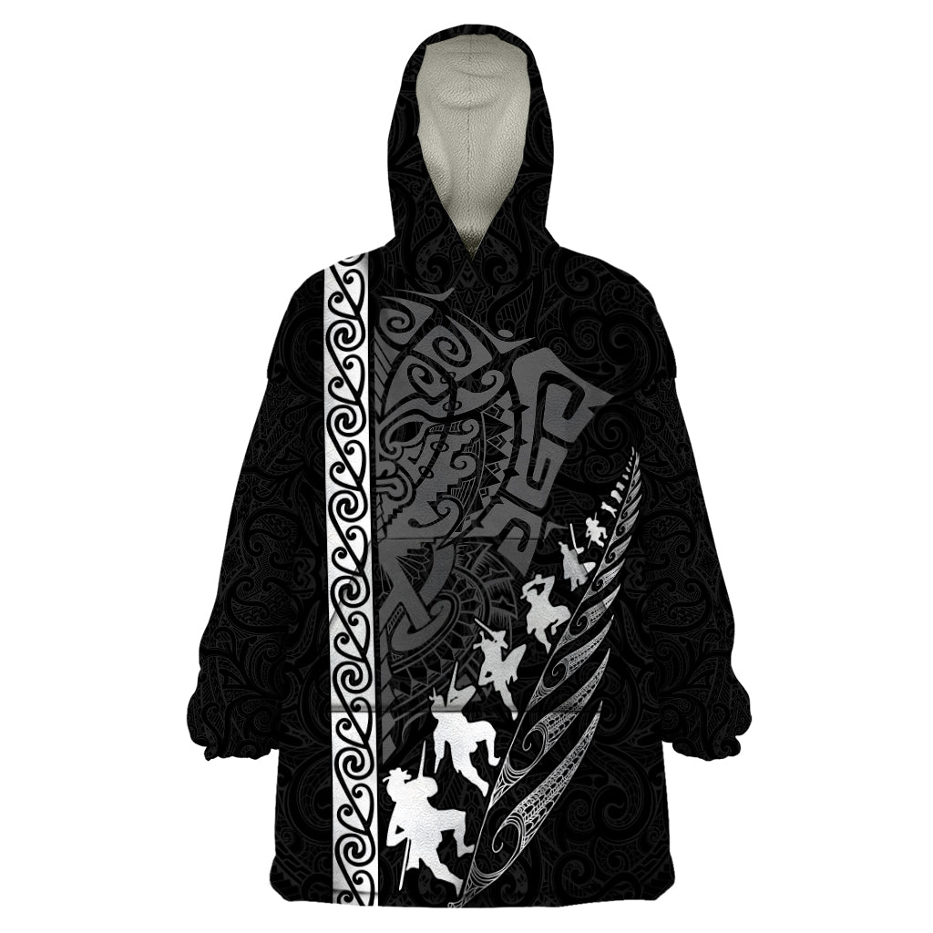 Custom New Zealand Rugby Wearable Blanket Hoodie Haka Dance Tribal God Mask Maori Pattern LT03 One Size Black - Polynesian Pride