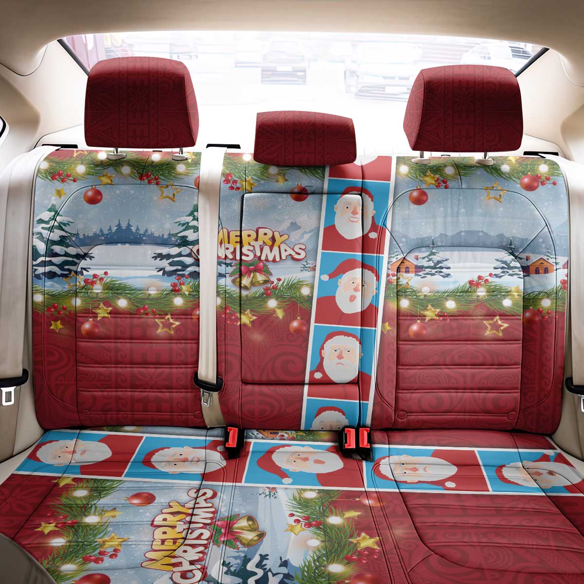 Merry Christmas Back Car Seat Cover Funny Santa Claus Cards Photo and Polynesian Pattern Red Color LT03 - Polynesian Pride