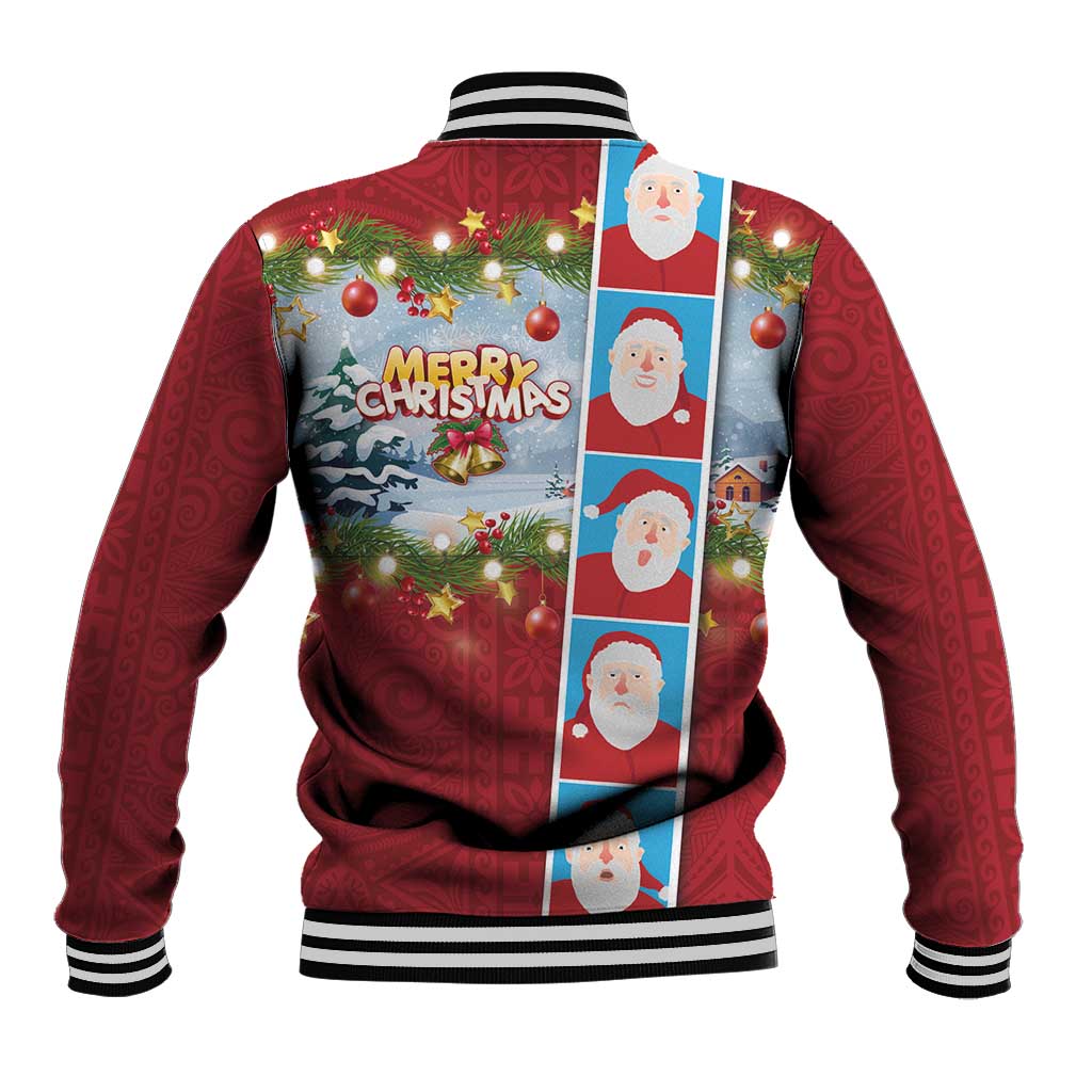 Merry Christmas Baseball Jacket Funny Santa Claus Cards Photo and Polynesian Pattern Red Color