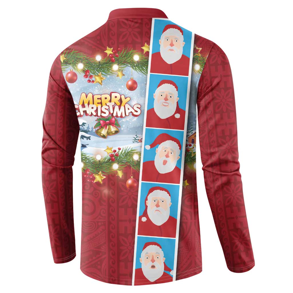 Merry Christmas Button Sweatshirt Funny Santa Claus Cards Photo and Polynesian Pattern Red Color