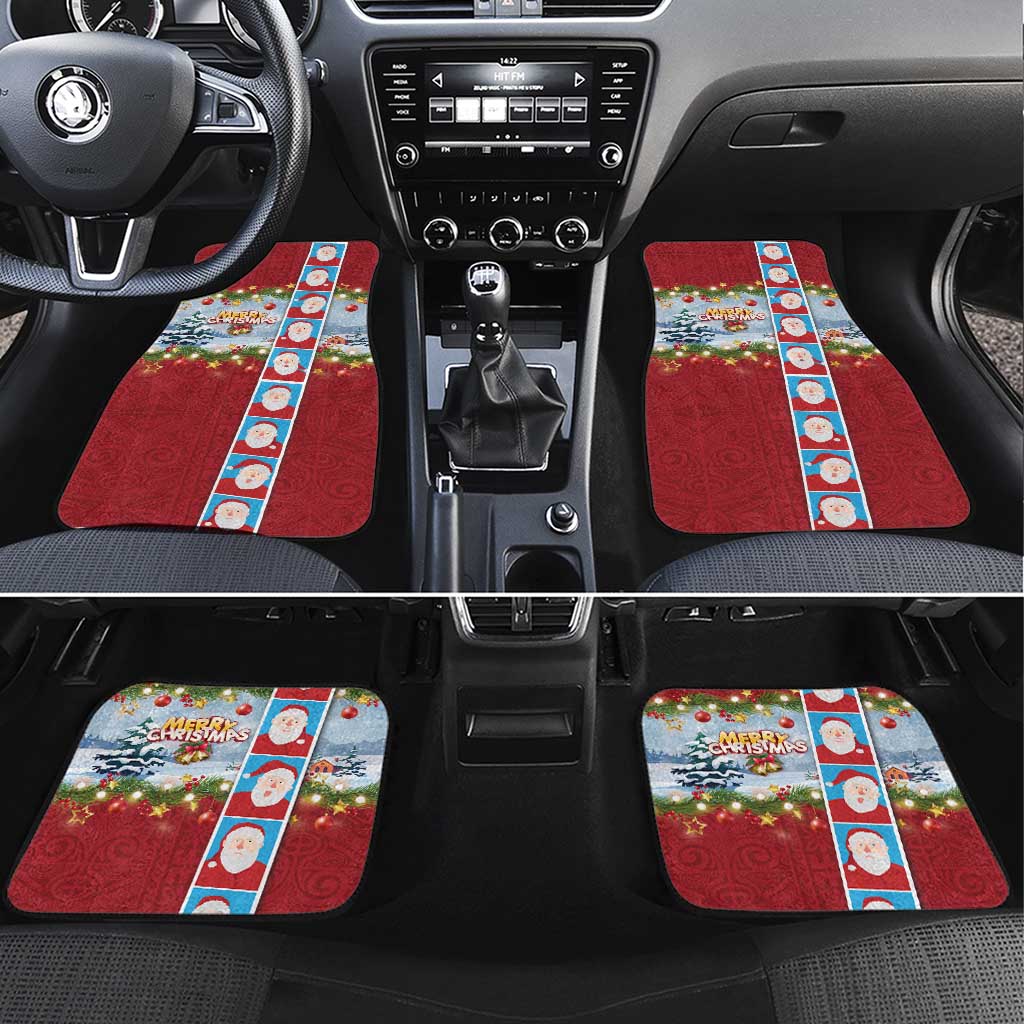 Merry Christmas Car Mats Funny Santa Claus Cards Photo and Polynesian Pattern Red Color LT03 Set 4pcs Red - Polynesian Pride