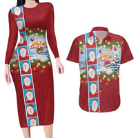 Merry Christmas Couples Matching Long Sleeve Bodycon Dress and Hawaiian Shirt Funny Santa Claus Cards Photo and Polynesian Pattern Red Color LT03 Red - Polynesian Pride
