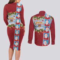 Merry Christmas Couples Matching Long Sleeve Bodycon Dress and Long Sleeve Button Shirt Funny Santa Claus Cards Photo and Polynesian Pattern Red Color LT03 - Polynesian Pride