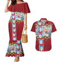 Merry Christmas Couples Matching Mermaid Dress and Hawaiian Shirt Funny Santa Claus Cards Photo and Polynesian Pattern Red Color LT03 Red - Polynesian Pride