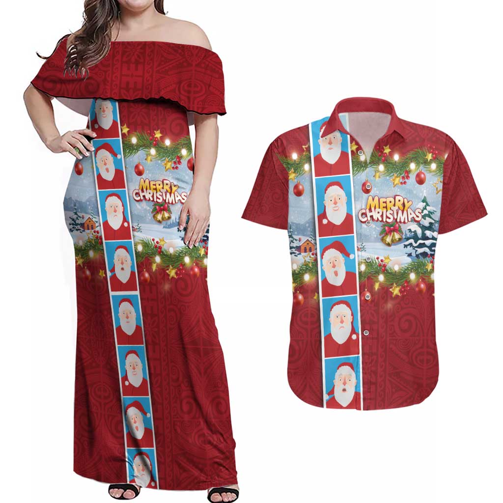 Merry Christmas Couples Matching Off Shoulder Maxi Dress and Hawaiian Shirt Funny Santa Claus Cards Photo and Polynesian Pattern Red Color LT03 Red - Polynesian Pride