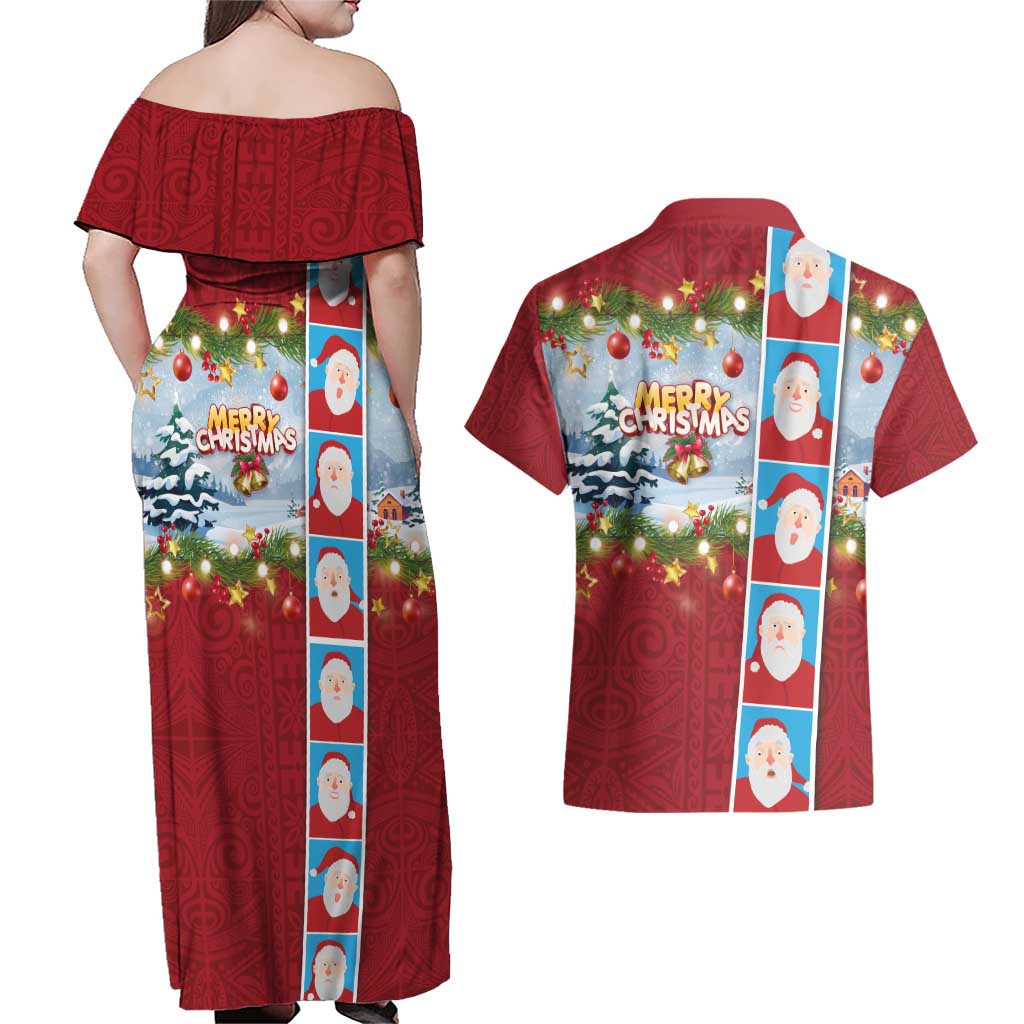 Merry Christmas Couples Matching Off Shoulder Maxi Dress and Hawaiian Shirt Funny Santa Claus Cards Photo and Polynesian Pattern Red Color LT03 - Polynesian Pride