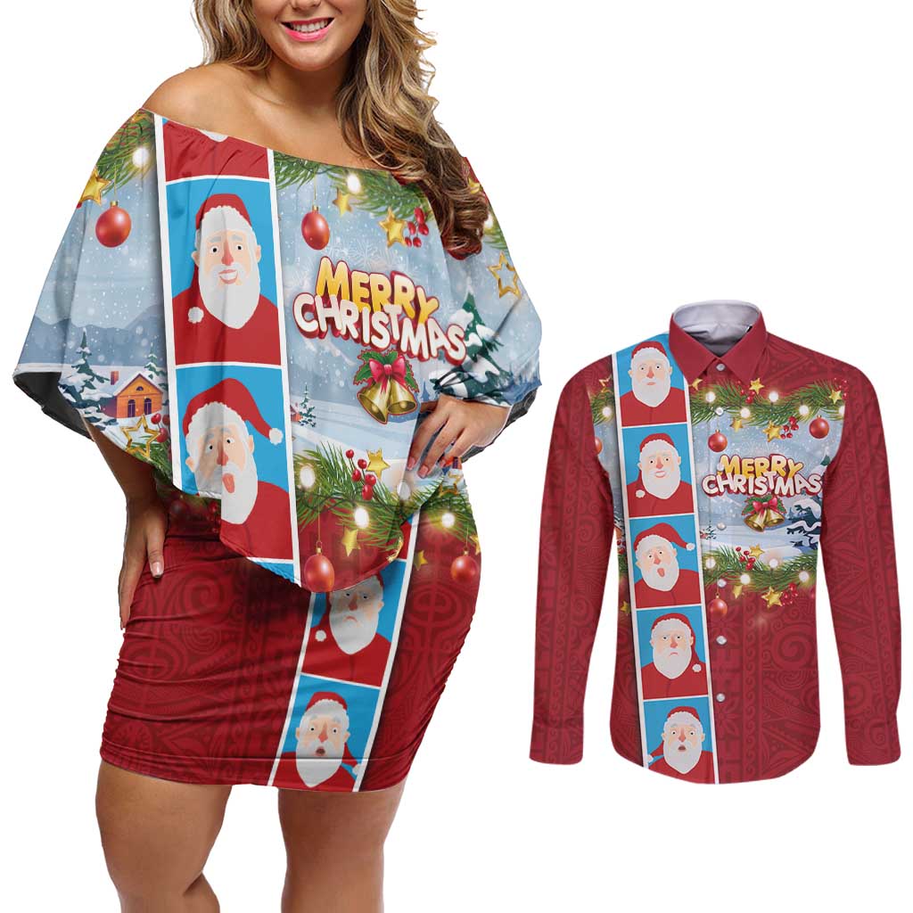 Merry Christmas Couples Matching Off Shoulder Short Dress and Long Sleeve Button Shirt Funny Santa Claus Cards Photo and Polynesian Pattern Red Color LT03 Red - Polynesian Pride