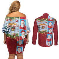 Merry Christmas Couples Matching Off Shoulder Short Dress and Long Sleeve Button Shirt Funny Santa Claus Cards Photo and Polynesian Pattern Red Color LT03 - Polynesian Pride
