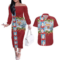 Merry Christmas Couples Matching Off The Shoulder Long Sleeve Dress and Hawaiian Shirt Funny Santa Claus Cards Photo and Polynesian Pattern Red Color LT03 Red - Polynesian Pride