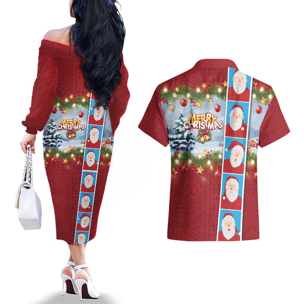 Merry Christmas Couples Matching Off The Shoulder Long Sleeve Dress and Hawaiian Shirt Funny Santa Claus Cards Photo and Polynesian Pattern Red Color LT03 - Polynesian Pride