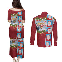 Merry Christmas Couples Matching Puletasi and Long Sleeve Button Shirt Funny Santa Claus Cards Photo and Polynesian Pattern Red Color LT03 - Polynesian Pride