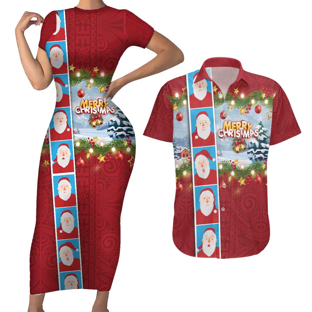 Merry Christmas Couples Matching Short Sleeve Bodycon Dress and Hawaiian Shirt Funny Santa Claus Cards Photo and Polynesian Pattern Red Color LT03 Red - Polynesian Pride