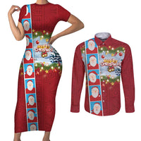 Merry Christmas Couples Matching Short Sleeve Bodycon Dress and Long Sleeve Button Shirt Funny Santa Claus Cards Photo and Polynesian Pattern Red Color LT03 Red - Polynesian Pride