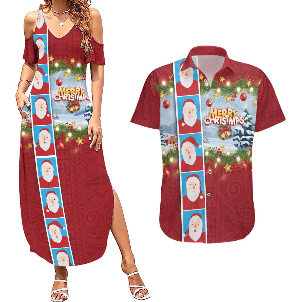 Merry Christmas Couples Matching Summer Maxi Dress and Hawaiian Shirt Funny Santa Claus Cards Photo and Polynesian Pattern Red Color LT03 Red - Polynesian Pride