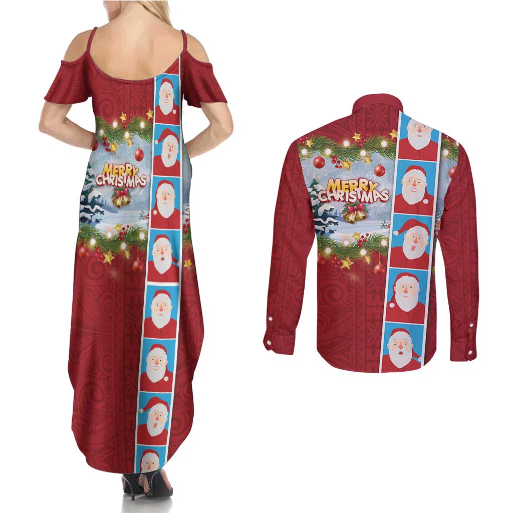 Merry Christmas Couples Matching Summer Maxi Dress and Long Sleeve Button Shirt Funny Santa Claus Cards Photo and Polynesian Pattern Red Color LT03 - Polynesian Pride