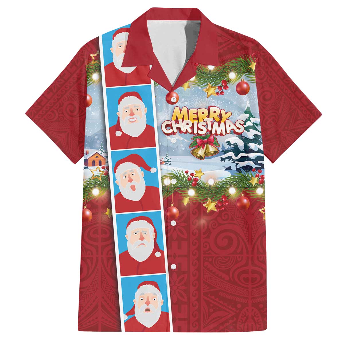 Merry Christmas Family Matching Off The Shoulder Long Sleeve Dress and Hawaiian Shirt Funny Santa Claus Cards Photo and Polynesian Pattern Red Color LT03 Dad's Shirt - Short Sleeve Red - Polynesian Pride