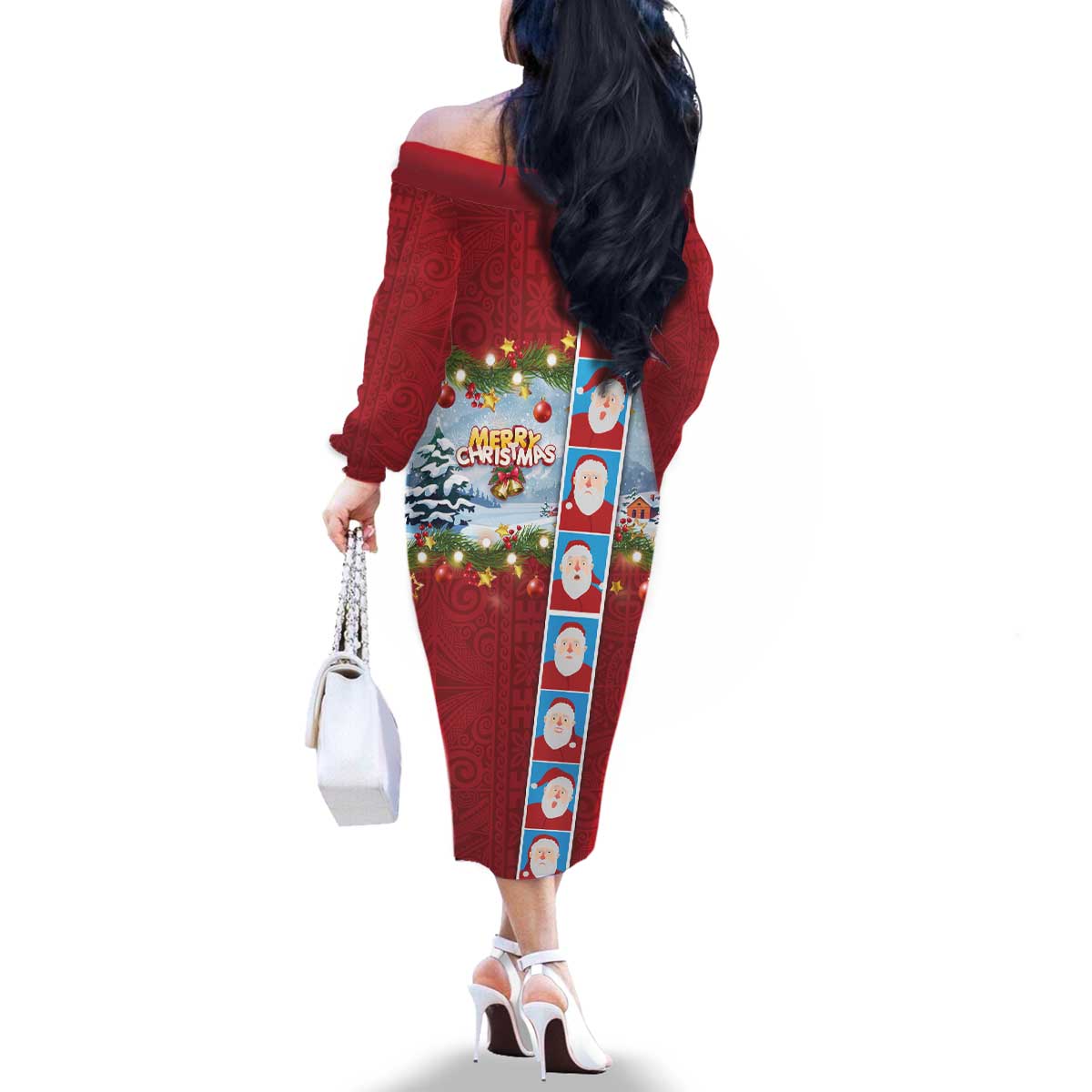 Merry Christmas Family Matching Off The Shoulder Long Sleeve Dress and Hawaiian Shirt Funny Santa Claus Cards Photo and Polynesian Pattern Red Color LT03 - Polynesian Pride