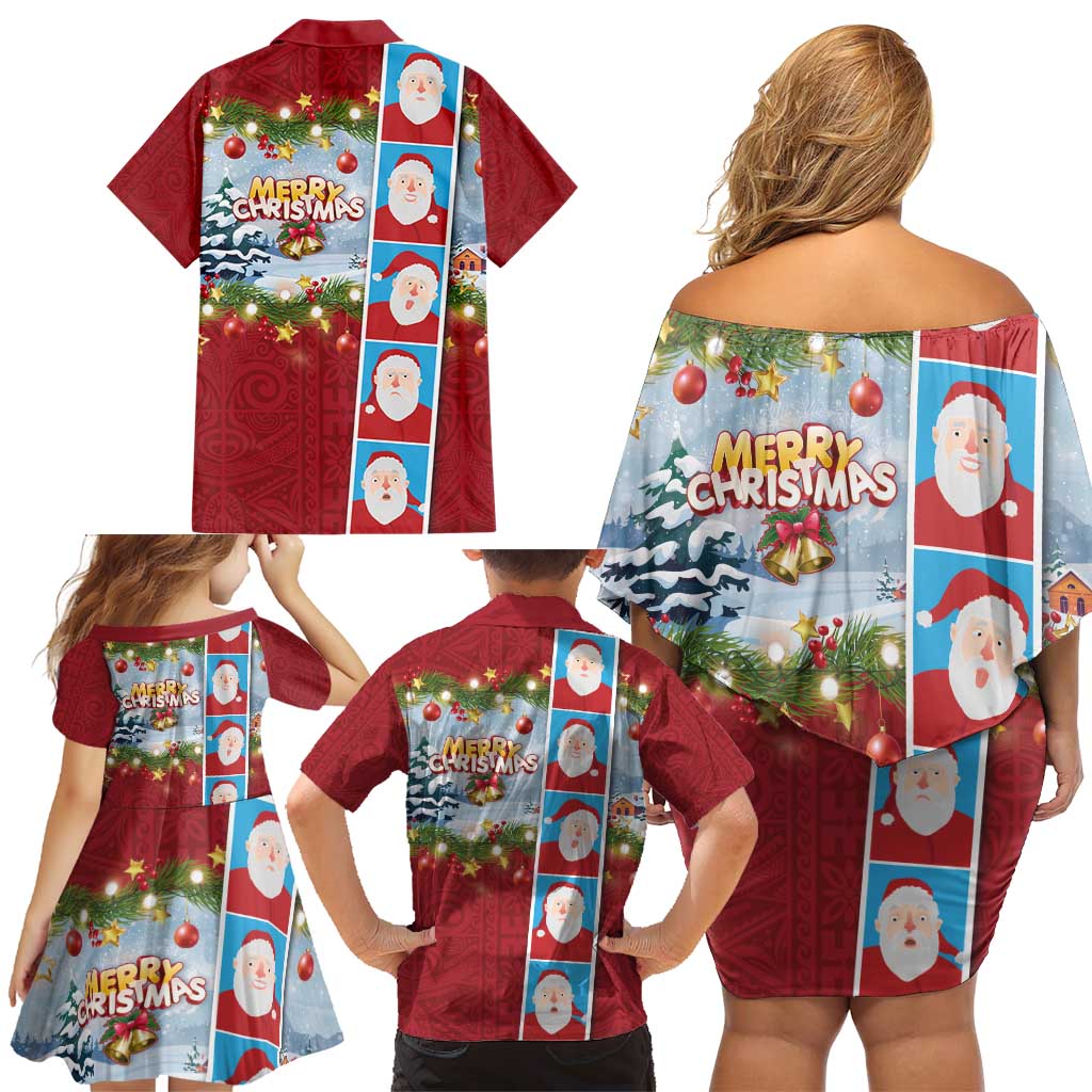 Merry Christmas Family Matching Off Shoulder Short Dress and Hawaiian Shirt Funny Santa Claus Cards Photo and Polynesian Pattern Red Color LT03 - Polynesian Pride